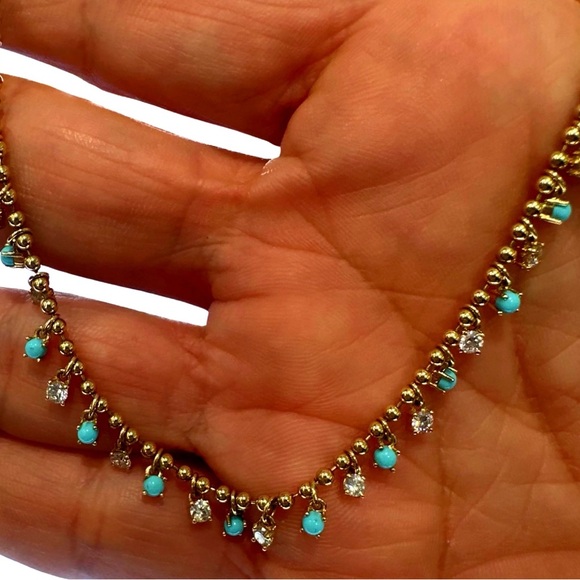 14kt gold necklace with real turquoise gemstones and diamonds - Picture 3 of 6